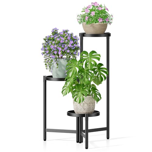 3 Tier Large Plant Stand Indoor with 7.9 Inch Wide Tray, Tiered Corner Metal Outdoor Flower Holder Stand, Folding Tall Rack for Display Shelf for Patio Porch Balcony - BlackDisk - color: BlackDisk, size: 3-tiers