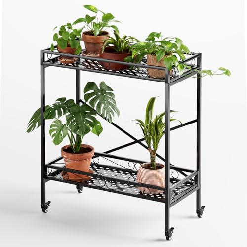Zhongma 2 Tier Window Height Sturdy Metal Plant Stand with Wheels, 32.7x16x39.4 Inch High, Heavy Duty Succulent Shelf for Home Indoor and Outdoor, 440 LBS Capacity & Heavy Duty Construction - color: 2 Tier 32.7x16x39.4 inch