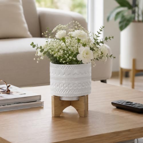 Tribal Look Footed Decorative Planter Pot – Ceramic Stoneware Outdoor and Indoor Plant Pot – Modern Garden and Home Decor Ceramic Planters with Wooden Stand– 8", White - color: Tribal White