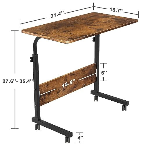 Side Table, 31.5in Adjustable Laptop Stand Portable Cart Tray Bedside Computer Table, Sofa Side Bed Table with Wheels, Rustic Brown - color: Rustic Brown, size: 31.5 inches