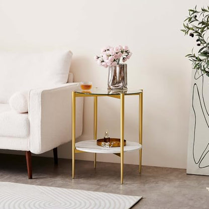 LumFurn Round Glass End Table, Mid-Century Modern Design Sofa Table for Living Room, D18 x H23 in, 2-Tier Structure, Clear Glass Top and White Marble Shelf, Sleek Conical Legs with Gold Finish Frame - color: Clear & White Marble, size: D18" Round End Tabl