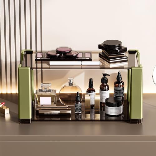 2 Tier Makeup Organizer with Drawer,Perfume Organizer,Clear Organizer for Vanity,Kitchen,Pantry,Skincare Organizer for Women, Green - color: 9200-green