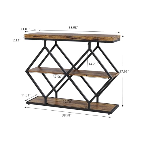 Garvee 3 Tier Console Table,39" Industrial Entryway Table,Open Wood Shelves | Sofa Table,Narrow Wood Accent Tables with Metal Frame for Hallway,Living Room,Behind Couch,Foyer,Entrance,Rustic Brown - color: Rustic Brown + Diamond-shaped