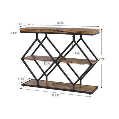 Garvee 3 Tier Console Table,39" Industrial Entryway Table,Open Wood Shelves | Sofa Table,Narrow Wood Accent Tables with Metal Frame for Hallway,Living Room,Behind Couch,Foyer,Entrance,Rustic Brown - color: Rustic Brown + Diamond-shaped