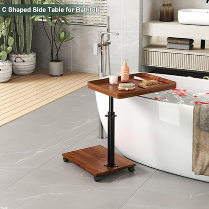 C Shaped Side Table with Wheels, Adjustable Height C Shaped End Table for Couch, 360°Swivel Side Tables that Slide Under, Rolling Small Coffee C Table End Table for Sofa/Bed/Bathtub (Brown)
