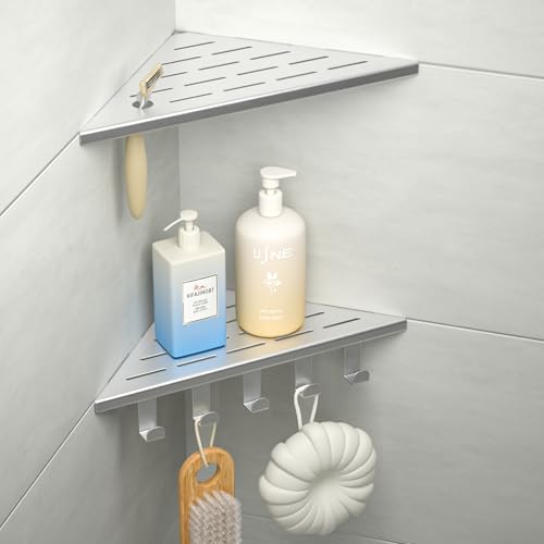 10'' Corner Shower Shelf, 304 Stainless Steel Shelves for Bathroom, Grout in Shelf with Hooks for Tiled Wall (Brushed) - color: Brushed