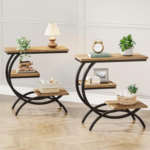 Tribesigns C-Shaped End Table Set of 2, Industrial 3-Tier Small Side Table for Couch, Wood Bedside Table Snack Side Table with Storage Shelves for Living Room Small Space, Light Brown - color: Light Brown