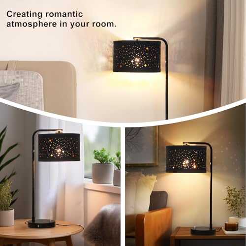 Bedside Table Lamp with USB C+A Ports, Fully Dimmable Modern Nightstand Side Lamps with Stars Shade, Tall Desk Reading Lamps for Living Room Bedroom 3000k LED Bulb Included - color: Black Base with Stars Shade