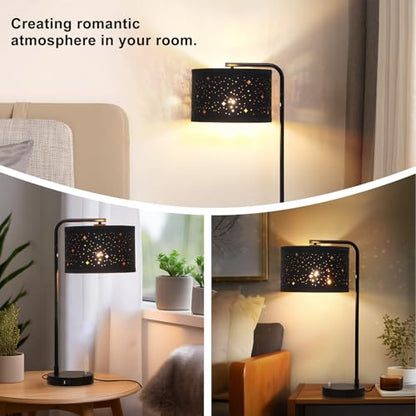 Bedside Table Lamp with USB C+A Ports, Fully Dimmable Modern Nightstand Side Lamps with Stars Shade, Tall Desk Reading Lamps for Living Room Bedroom 3000k LED Bulb Included - color: Black Base with Stars Shade