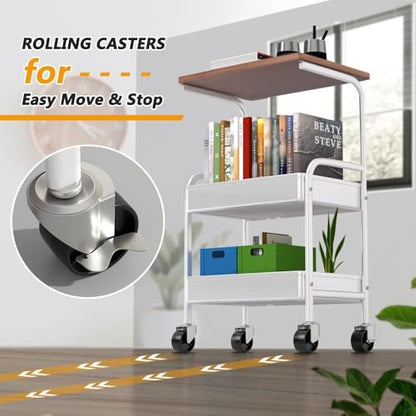 Rolling Cart with Wooden Tabletop, 3 Tier Metal Utility Cart, Rolling Storage Organizer Cart with Lockable Wheels for Kitchen, Office, Bedroom (White) - color: White