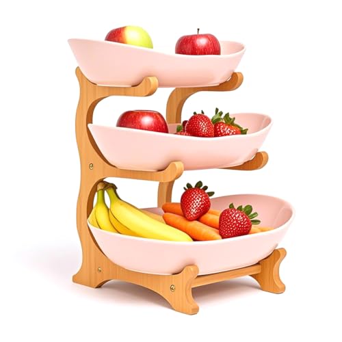Fruit Bowl With Bamboo Wood Stand, Fruit&Vegetable Candy Dish Decor Basket for Kitchen Counter，Large Capacity Vegetable Storage Stand Snacks Rack Tray Plate Rack - color: Pink, size: 3-Tier