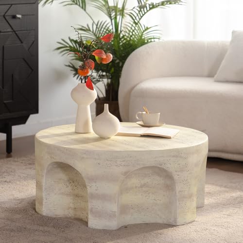 Round Marble Coffee Table 31.5" Faux Stone Coffee Table for Living Room, Modern Travertine Center Table, Magnesium Oxide, No Assembly, Beige - color: Faux Stone-arched Deco-beige