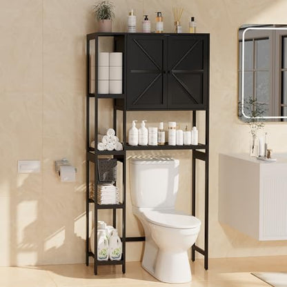Bamboo Over The Toilet Storage, Above Toilet Organizer Storage Shelf Stand, Tall Freestanding Behind Toilet Rack, Tiered Bathroom Space Saver Shelving, Easy Assembly (Black) - color: Black