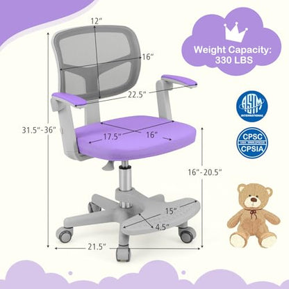 HONEY JOY Kids Desk Chair, Children Study Chair with Adjustable Height/Armrest/Footrest, Swivel Rolling Mesh Task Student Chair, Kids Computer Chair for Teens Girls Boys, Home, School, Office (Purple) - color: Purple