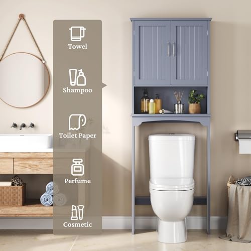 Yaheetech Over The Toilet Bathroom Cabinet with 2 Doors & Adjustable Shelf, Free Standing Toilet Rack Space-Saving, L24.5xW9xH66 Inches, Grey - color: Grey