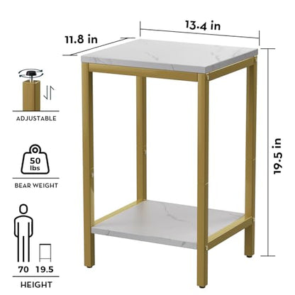 SAYGOER White Faux Marble End Tables 13.3''D Small Side Table with Storage Wood Night Stand Gold Metal Frames 2 Tier Bedside Table with Adjustable Feet, 1PCS, White Gold - color: White Gold