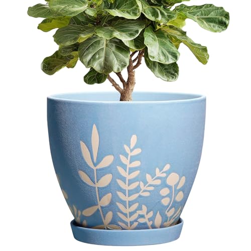 10 Inch Large Ceramic Plant Pot with Saucer - Round Planter with Drainage for Indoor Outdoor Plants, Boho Flower Pot, Home Office Room Garden Decor, Housewarming Gift, Blue - size: 10 Inch