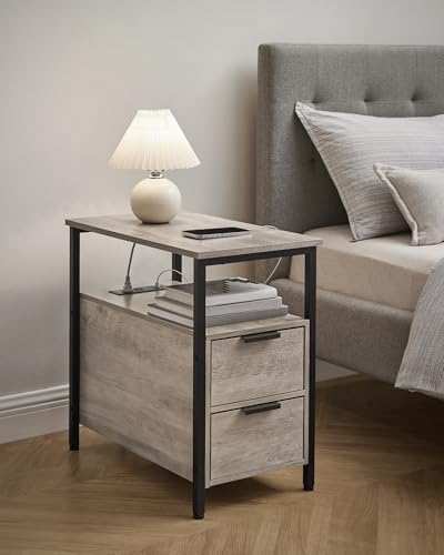 VASAGLE Side End Table with Charging Station, Slim Nightstand with 2 Drawers, Narrow Bedside Table for Living Room, Small Spaces, Heather Greige and Ink Black ULET321B02V1S - color: Heather Greige + Ink Black, size: 23.6"D x 11.8"W