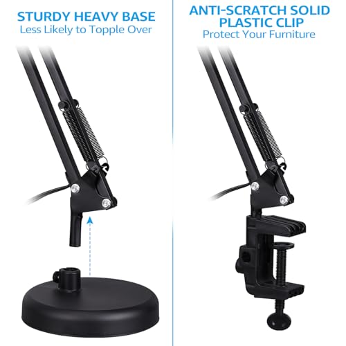 TORCHSTAR Metal Desk Lamp, Adjustable Swing Arm, E26, Black | Architect Gooseneck Multi-Joint Clip Table Lamp with Plastic Clamp, for Home Office, Work, Study, Reading, Bulbs not Included - color: Black