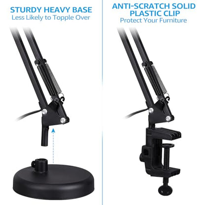 TORCHSTAR Metal Desk Lamp, Adjustable Swing Arm, E26, Black | Architect Gooseneck Multi-Joint Clip Table Lamp with Plastic Clamp, for Home Office, Work, Study, Reading, Bulbs not Included - color: Black