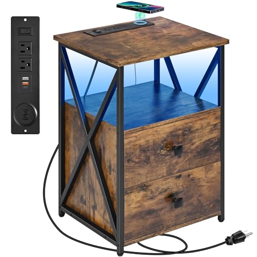 Livofloral LED Night stands with Wireless Charging, End Table with Storage, Side Table with USB Ports and Outlets, Bedside Table with Wooden Storage Drawers and Shelves for Bedroom, Living Room, Brown - color: Brown, size: 1 Pack with Wireless Charging