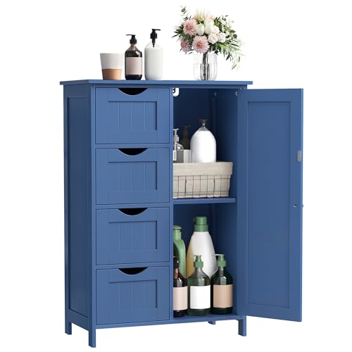 VASAGLE Storage Cabinet with Drawers, Freestanding Floor Cabinet with Door, 11.8 x 21.7 x 32.3 Inches, Adjustable Shelf, for Bathroom, Living Room, Kitchen, Bijou Blue ULHC041QE01S - color: Bijou Blue, size: 1 Door + 4 Drawers（32.3"）