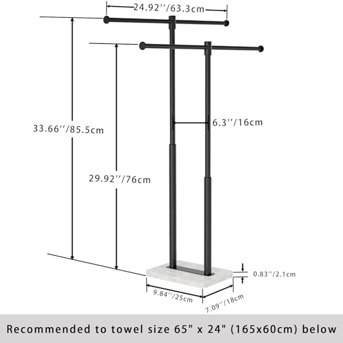 Free Standing Towel Racks Matte Black 2-Tier Towel Holder for Bathroom Floor Stand with Heavy Marble Base Thicken Steady Design Stainless Steel