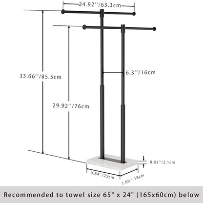 Free Standing Towel Racks Matte Black 2-Tier Towel Holder for Bathroom Floor Stand with Heavy Marble Base Thicken Steady Design Stainless Steel