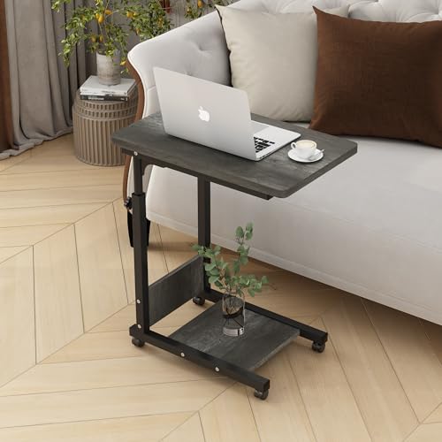 TigerDad Adjustable Height C Table Sofa Side Bedside Table with Wheels, Hospital Bed Table Rolling Tray with Storage, Mobile Computer Desk Laptop Table for Home Use,Gray - color: Grey