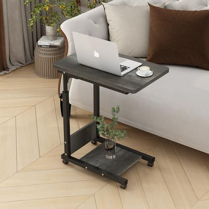 TigerDad Adjustable Height C Table Sofa Side Bedside Table with Wheels, Hospital Bed Table Rolling Tray with Storage, Mobile Computer Desk Laptop Table for Home Use,Gray - color: Grey