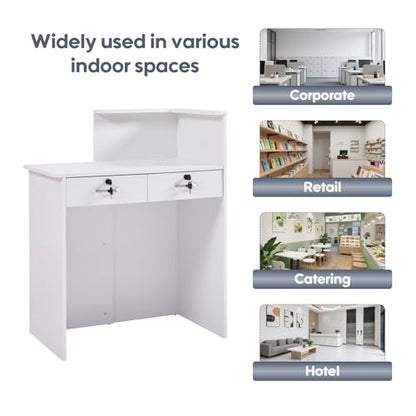 Reception Desk with Counter,Small Front Desk with Two Lockable Drawers,Cable Management Holes,Counter Table for Salon Lobby Office Home (White) - color: White