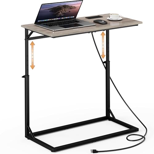 Vagusicc C Shaped End Table with Charging Station, C-Table End Table Adjustable Height Side Table for Couch, Large Couch Table, Slide Under Couch Table TV Tray Table for Sofa,Living Room,Bedroom, Grey - color: Greige, style: With Plug