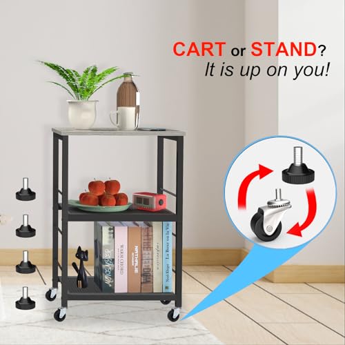 MOOACE 3 Tier End Table with Wheel, Kitchen Cart Storage Shelf, Gray | Small Side Table Nightstand, Rolling Kitchen Utility Cart Table Stand for Bedroom Living Room Office Balcony - color: Grey