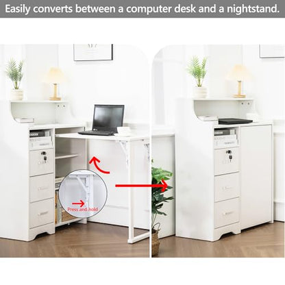 Folding Desk with Storage,Hidden Desk with Lockable Drawers & Shelves, Built-in Power Outlet,Fold Out Desk for Study and Home Office - color: White