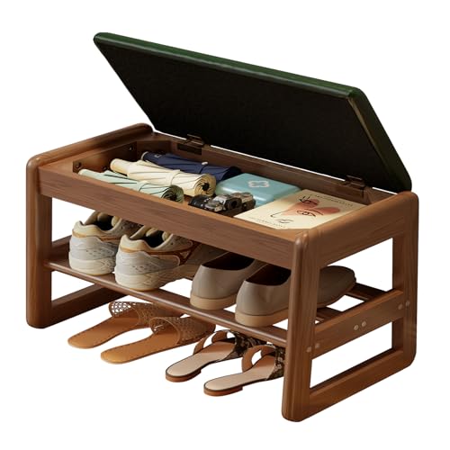 AQIMUELE Shoe Rack Bench,2 Tiers Shoe Bench with Storage with Flip-Top,Wood Shoe Rack for Entryway,Hallway（Green Upholstered Seat,11.8" D x 23.62" W x 15.7" H - color: Green Upholstered Seat, size: 11.8"D x 23.62"W x 15.7"H