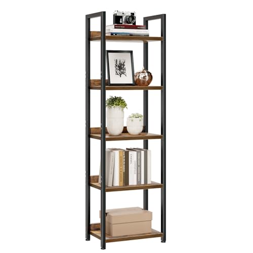 NUMENN Narrow Bookshelf, 5 Tier Bookshelves, Home Office Bookcase Shelf Storage Organizer, Free Standing Storage Shelving Unit for Bedroom, Living Room and Home Office, Vintage - color: Vintage, size: 5 Tier(Narrow)