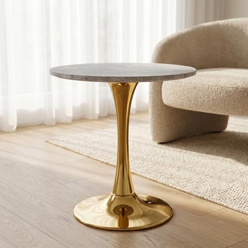 27.6" Marble Round Tulip Table, Mid-Century Modern Style Dining Table with Gold Pedestal Base for 2-4 People, Featuring A Marble Tabletop for Kitchen, Dining Room, Cafe (Light Grey) - color: Light Grey#gold