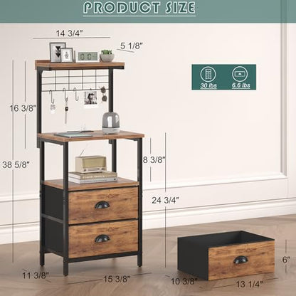 sthmec Tall Nightstands with Charging Station, LED Night Stand Bedsides with 2 Drawers Fabric, Hooks,USB Port and Open Storage Shelves,Tall End Table Bedside for Bedroom,Office, Rustic Brown - color: Rustic Brown, style: 2 Drawers
