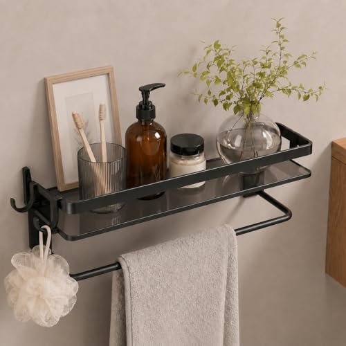 VOLPONE Glass Shelf for Bathroom 15.7 in Black Bathroom Shelves Wall Mounted Tempered Glass Shelving with 2 Removable Hooks (1 Tier) - style: 1 tier with towel bar-black