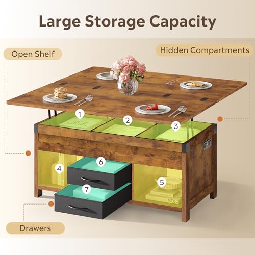 WLIVE 40" Lift Top Coffee Table, 4 in 1 Coffee Tables with Storage, 2 Fabric Drawers, LED Light and USB, Modern Coffee Table with Hidden Compartment for Living Room, Dining Room, Rustic Brown - color: Rustic Brown