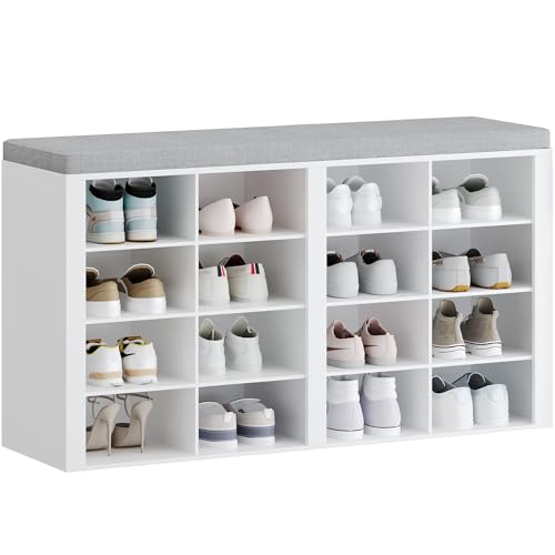 Hzuaneri Shoe Storage Bench with Cushion, Entryway 16-Cubby Shoe Rack | multifunction shoe organizer cabinet with adjustable shelves for hallway, bedroom, living room, White SB25603GY - color: White, size: 11.8"D x 40.9"W x 23.2"H