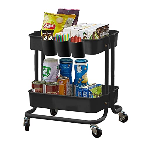 Melody House 2-Tier Utility Rolling Cart Storage Sofa Side Table with Wheels, Mobile Trolley Organizer with for Office Home Kitchen Organization, Black - color: A- Black-1