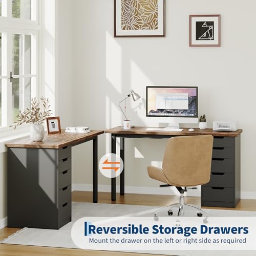 Garvee Computer Desk with 5 Drawers, 47 Inch Modern Simple Study Writing Desk with Storage, Rustic Home Office Desk, Reversible Computer Desk for Small Spaces, Apartments, Dorms, Brown+Black - color: Brown + Black