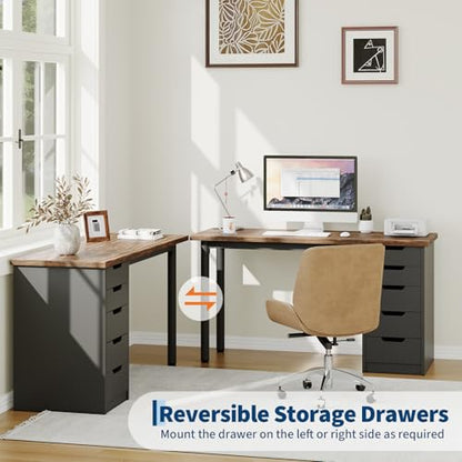 Garvee Computer Desk with 5 Drawers, 47 Inch Modern Simple Study Writing Desk with Storage, Rustic Home Office Desk, Reversible Computer Desk for Small Spaces, Apartments, Dorms, Brown+Black - color: Brown + Black