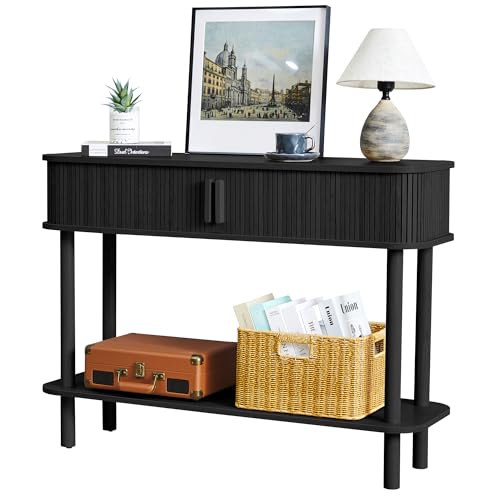 RARZOE Console Table with Storage, Fluted Entryway Table with Sliding Door&Open Shelf, Sofa Table Behind Couch, Mid-Century Modern Accent Table for Hallway, Entrance, Foyer, Fully Assembled(Black)
