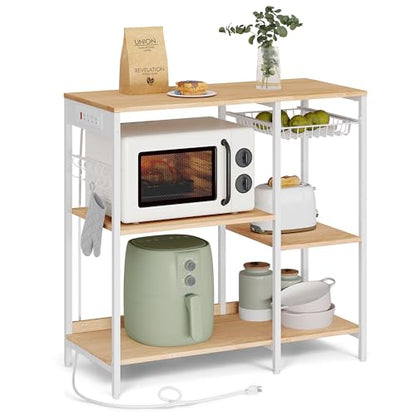 VASAGLE Baker's Rack, Coffee Bar Stand with Charging Station, 35.6 Inches Tall, Storage Shelves, Pull-Out Wire Basket, Table for Microwave, Kitchen, Oak Beige and Ink Black UKKS036Y09 - color: Oak Beige + Ink Black, style: With Power Outlet