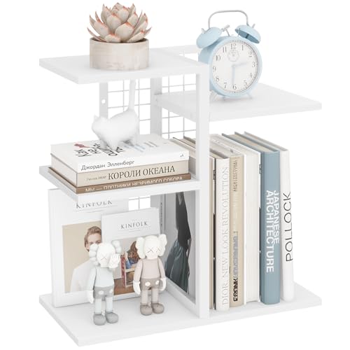 ELITEROO Desk Bookshelf, 4 Tier Wood Desktop Bookshelf, Adjustable Table Top Book Shelf and Storage Rack for Office Supplies, Dorm, Home Office, White - color: White