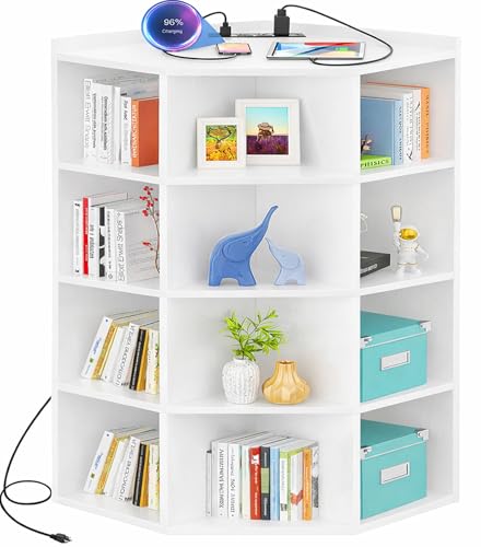 Aheaplus Corner Cabinet, 5-Tier Corner Bookshelf with Power Outlets, Corner Cube Storage Shelf with Top Table, Wooden L Cubby Toy Storage with 12 Cubes for Home Office, Bedroom, Living Room, White - color: White, size: 5-Tier