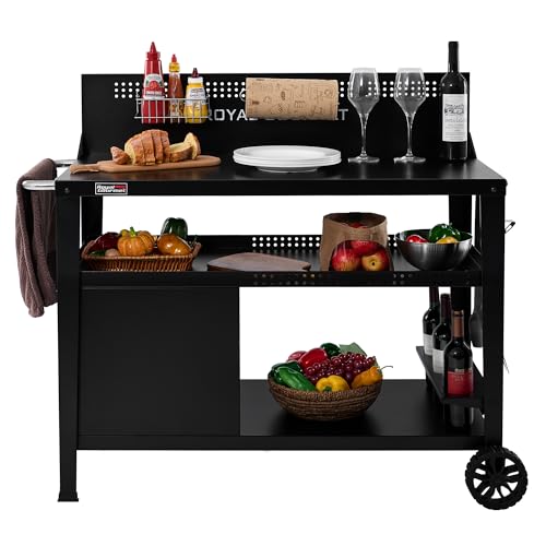 Royal Gourmet PC4401B 3-Tier Dining Cart with Wind Guard, Sturdy Structure and Ample Storage Shelves, for Indoor & Outdoor use，with Bottle Opener, Hooks, Wine Rack, Multifunctional Side Handle, Black | with Bottle Opener, Hooks, Wine Rack, Multifunctional
