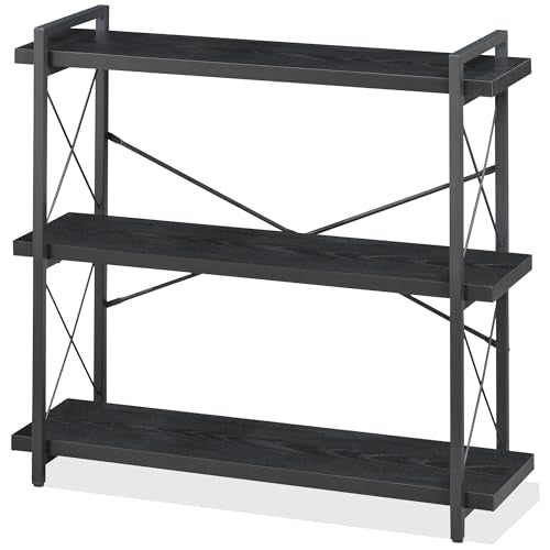 HCHQHS Bookshelf, 3-Tier Industrial Bookcase, Black Open Book Shelf, Freestanding Horizontal Bookshelves with Metal Frame - color: Ebony Black, size: 3-Tier (35.8"W x 35.8"H)
